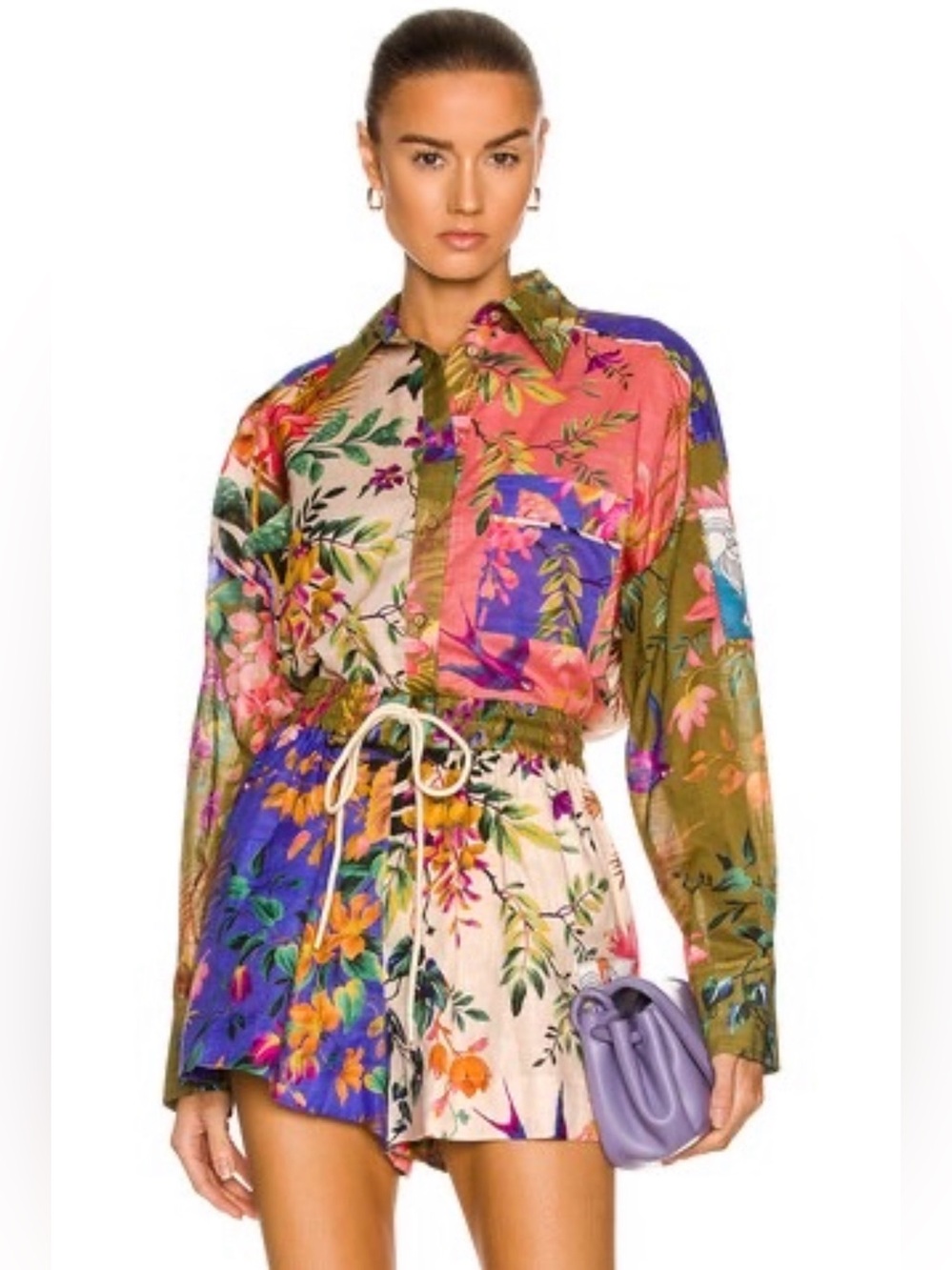 Zimmermann Colorful Tropical Floral Satin Shirt & Shorts Set